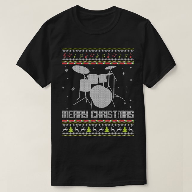 Camiseta Feliz Drummer de Natal Ugly Sweater Musical Xmas (Frente do Design)