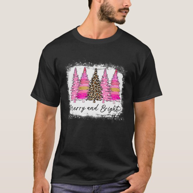 Camiseta Feliz E Árvore De Natal Brilhante Luzes Rosa (Frente)