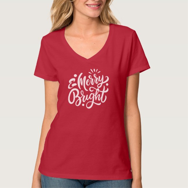 Camiseta Feliz e Bright Modern Red Christmas V Neck (Frente)