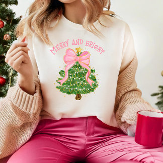 Camiseta Feliz e BrightCoquette Árvore de Natal Rosa Cugado