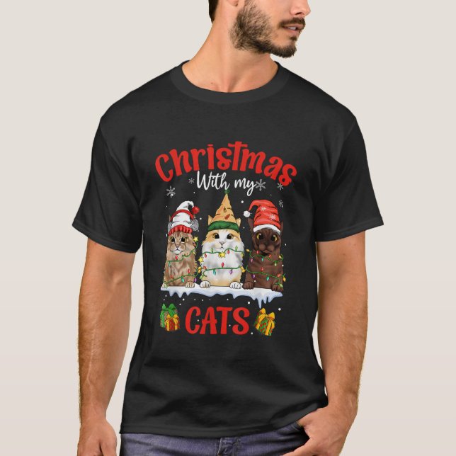 Camiseta Feliz e brilho com gatos de Natal com meus gatos (Frente)