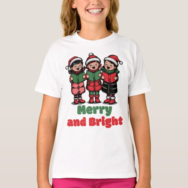 Camiseta Feliz e Brilho, Crianças de Natal bonitas (Frente)