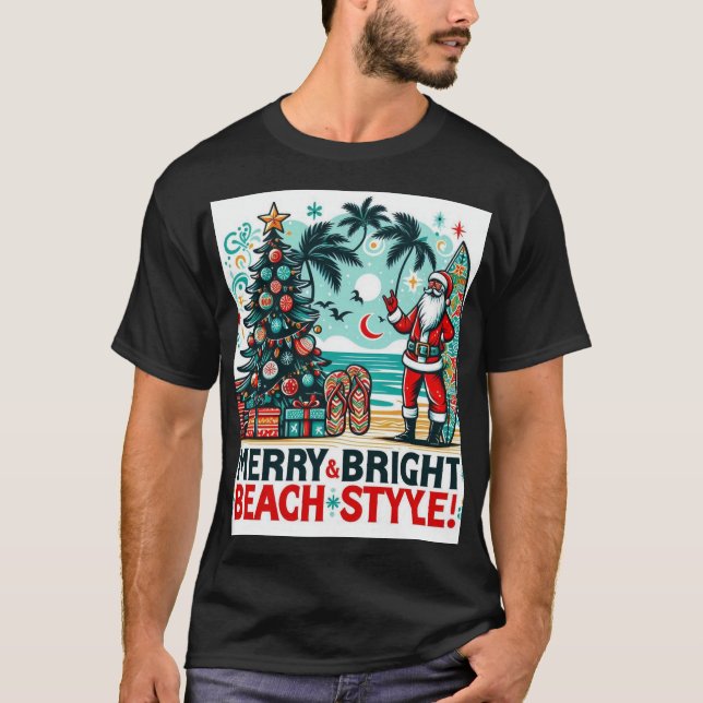 Camiseta Feliz e Brilho, Estilo de Praia - Natal Festivo Pa (Frente)