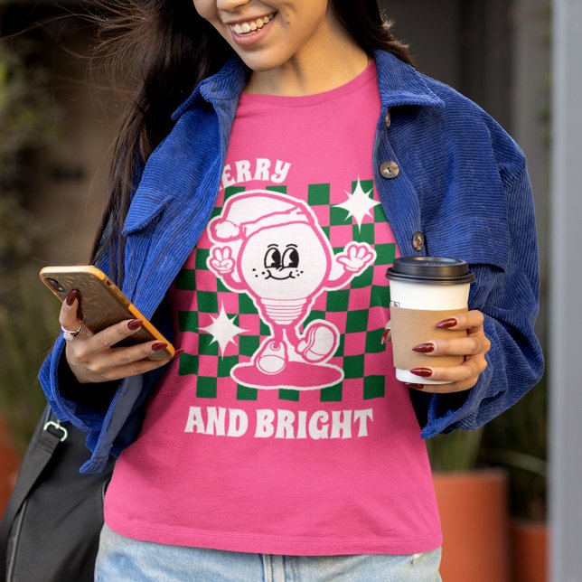 Camiseta Feliz e Brilho Luzes de Natal Rosa (Criador carregado)