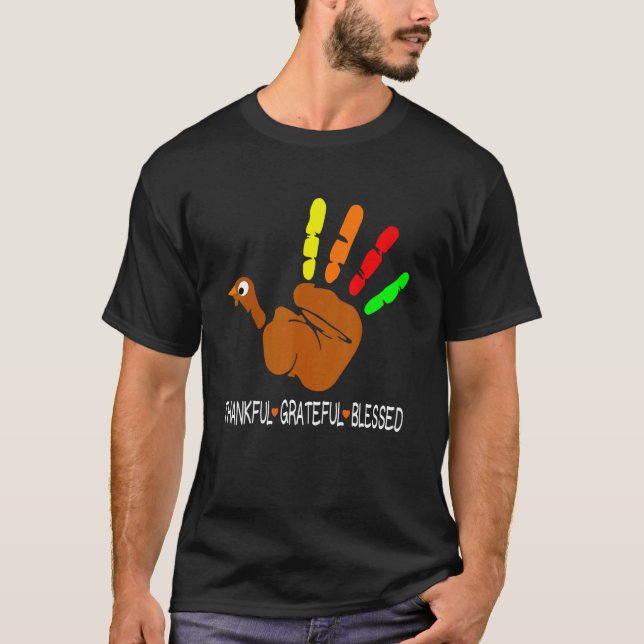 Camiseta Feliz e grato Obrigados de Mão da Turquia com cora (Frente)