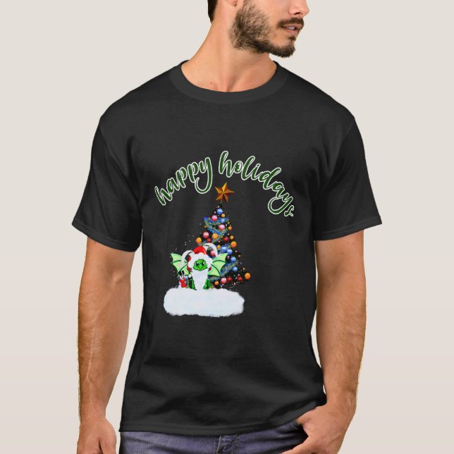 Camiseta Feliz e Natal mágico com uma torção de dragão (Frente)