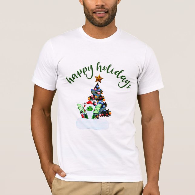 Camiseta Feliz e Natal mágico com uma torção de dragão (Frente)