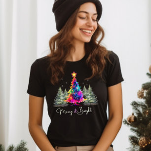 Camiseta Feliz e Neon Brilhante Árvore de Natal Negra
