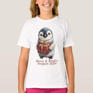 Camiseta Feliz e Pinguim Brilhante Natal