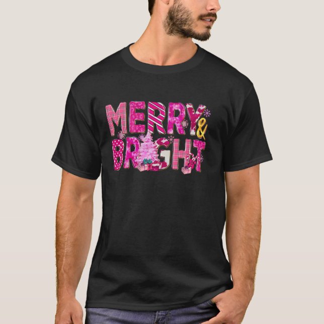 Camiseta Feliz E Xadrez De Natal Rosa Brilhante (Frente)