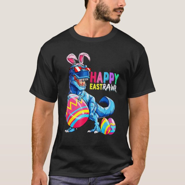 Camiseta Feliz Eastrawawr T Rex Dinosaur Easter Bunny Ovo C (Frente)
