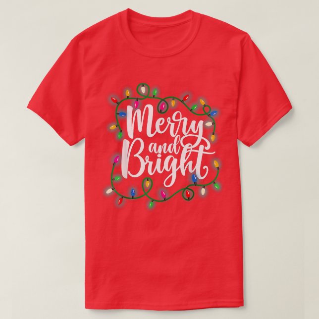 Camiseta Feliz Engraçada e Luzes de Natal Brilhantes (Frente do Design)