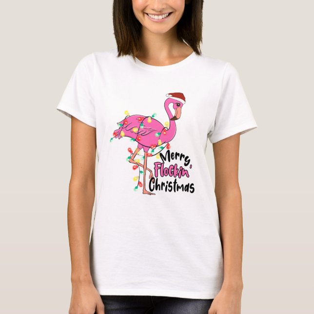 Camiseta Feliz Engraçada Flamingo de Natal (Frente)