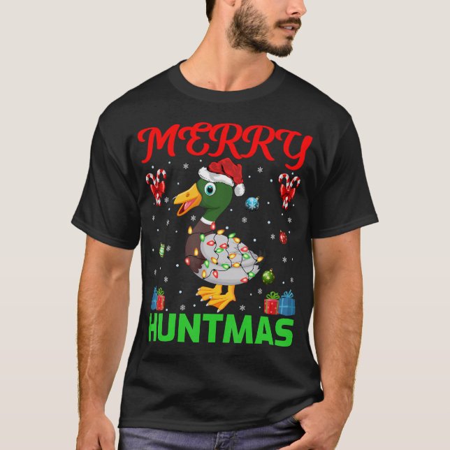 Camiseta Feliz Engraçada Huntmas Xmas Lighting Duck Hunting (Frente)