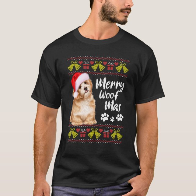 Camiseta Feliz Engraçada Woofmas Cachorro de Natal Pijamas (Frente)