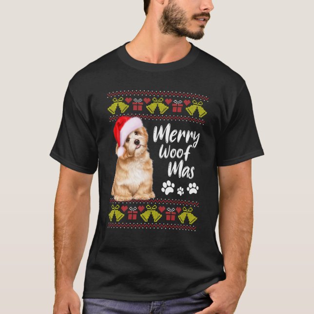 Camiseta Feliz Engraçada Woofmas Cachorro de Natal Pijamas (Frente)