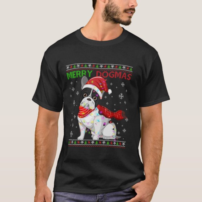 Camiseta Feliz Engraçado Dogmas francês Bull Cachorro Santa (Frente)