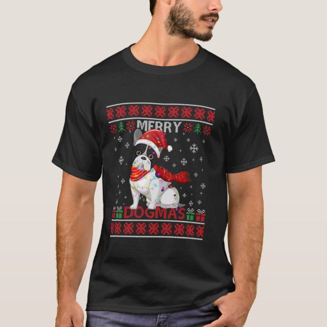 Camiseta Feliz Engraçado Dogmas francês Bull Cachorro Santa (Frente)