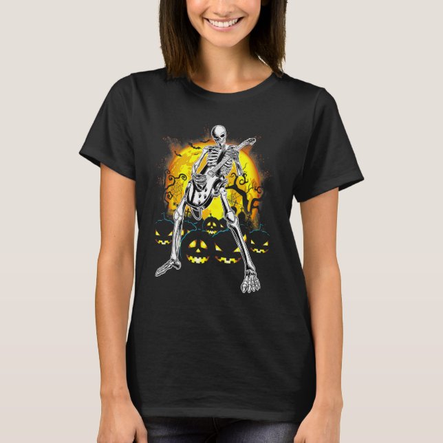 Camiseta Feliz Esqueleto De Halloween Tocando Guitarra Pump (Frente)