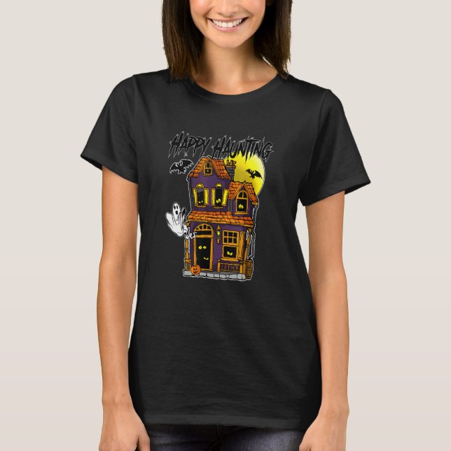 Camiseta Feliz Fantasma de Halloween Morcegos Lua Assombrad (Frente)