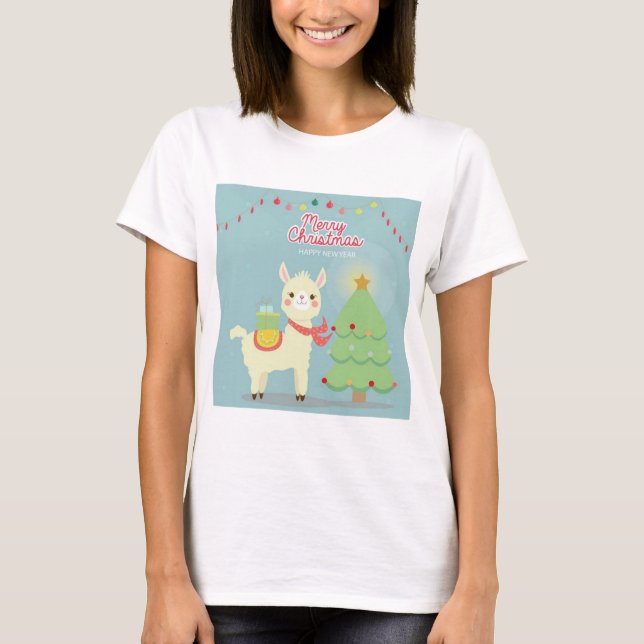 Camiseta Feliz Feliz ano novo de Natal Llama (Frente)