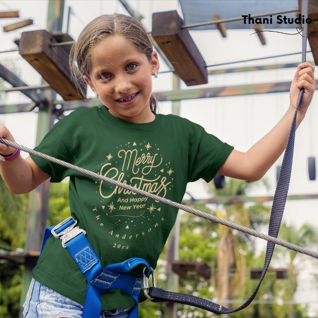 Camiseta Feliz Feliz ano novo de Natal Verde Moderno e Dour (Criador carregado)