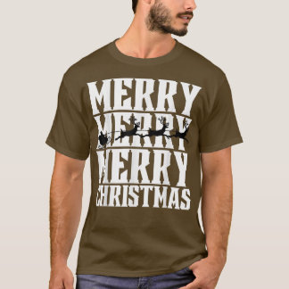 Camiseta Feliz Feliz Feliz Natal Santas Sleigh e voando