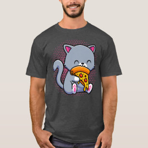 Camiseta Feliz Feliz Gato come pizza Animação Kawaii Japonê