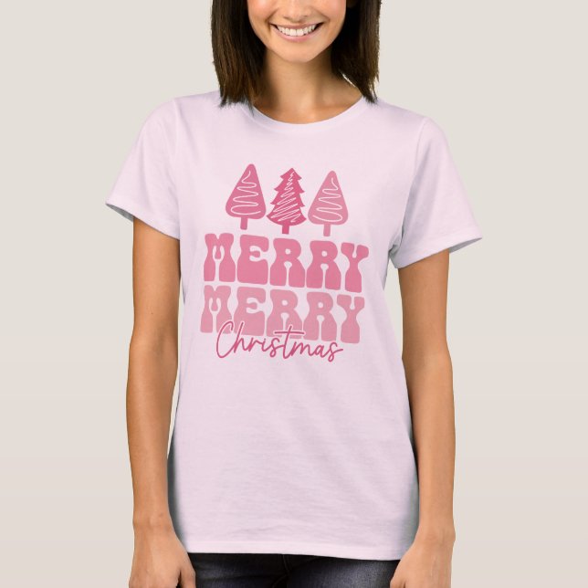 Camiseta Feliz Feliz Natal - Design de Férias Rosa (Frente)