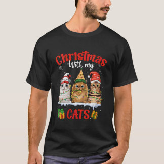 Camiseta Feliz feminina e brilho com gatos no Natal