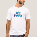 Camiseta Feliz Feriado das Velas de Hanukkah<br><div class="desc">Faça Chanukah especial e transmita o espírito da estação com esta t-shirt decorativa. A saudação "Feliz Chanucá" é expressa em cores tonais azuis. As letras servem como uma menorah com pequenas chamas queimando sobre nove "letras de vela". Disponível com produtos correspondentes.</div>