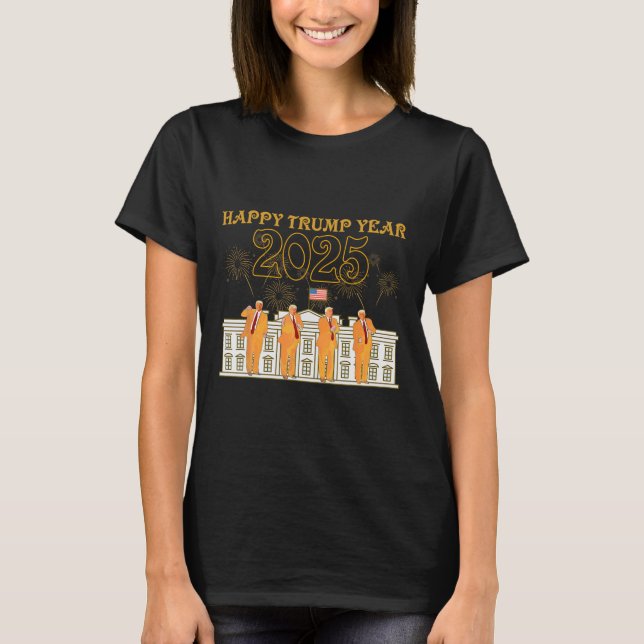 Camiseta Feliz Festa do Ano Trump 2025 Casa Branca Novo Pre (Frente)
