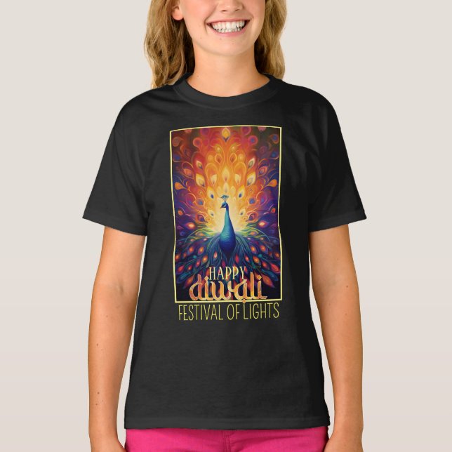Camiseta Feliz Festival de Luzes de Peacock Vibrante Diwali (Frente)