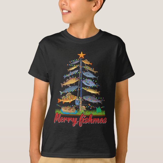 Camiseta Feliz Fishmas Engraçado Árvore de Natal Fisher (Frente)