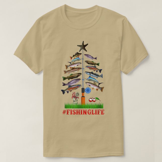 Camiseta Feliz Fishmas Engraçado Árvore de Natal Luzes de P (Frente do Design)