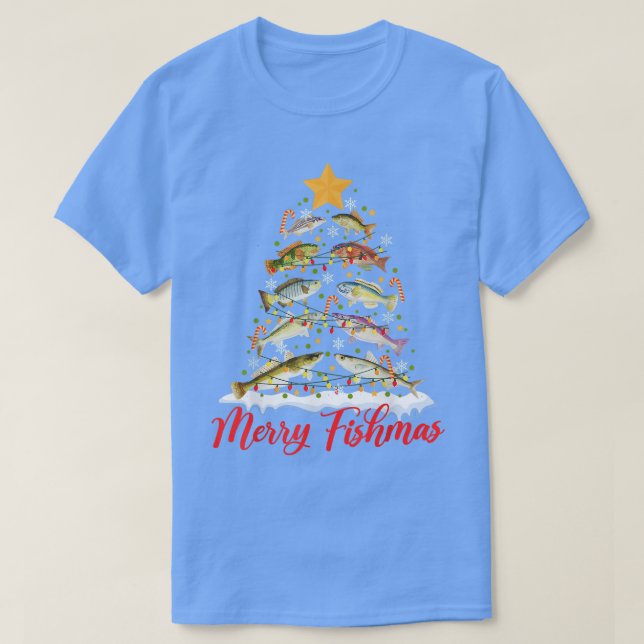 Camiseta Feliz Fishmas Engraçado Árvore de Natal Luzes de P (Frente do Design)