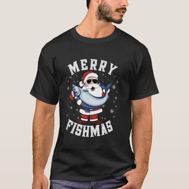 Camiseta Feliz Fishmas Natal Divertido Papai Noel Pescaria  (Frente)
