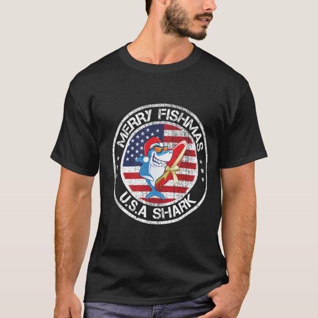 Camiseta Feliz Fishmas USA Flag Excelente White Shark (Frente)