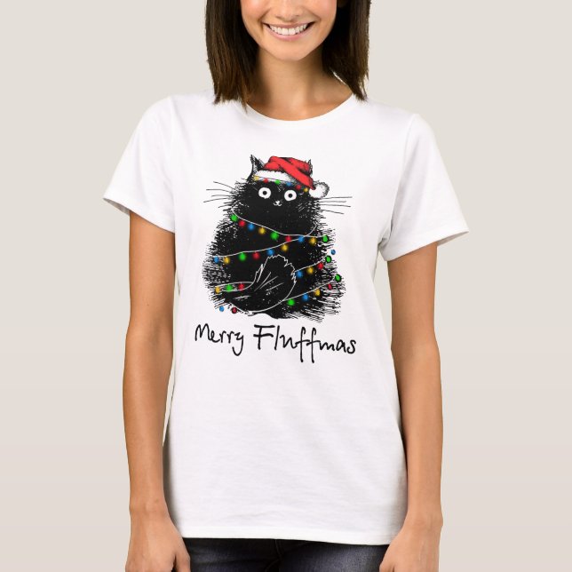 Camiseta Feliz Fluffmas Fluffy Cat Feliz presentes de Natal (Frente)