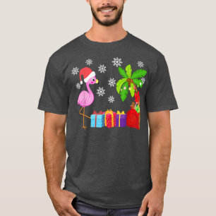 Camiseta Feliz Frio-Rosa Flamingo Santa Hat Feliz Natal Em 