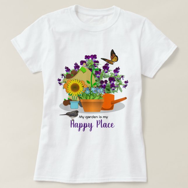 Camiseta Feliz Garden Flowers Bird e Butterfly White (Frente do Design)