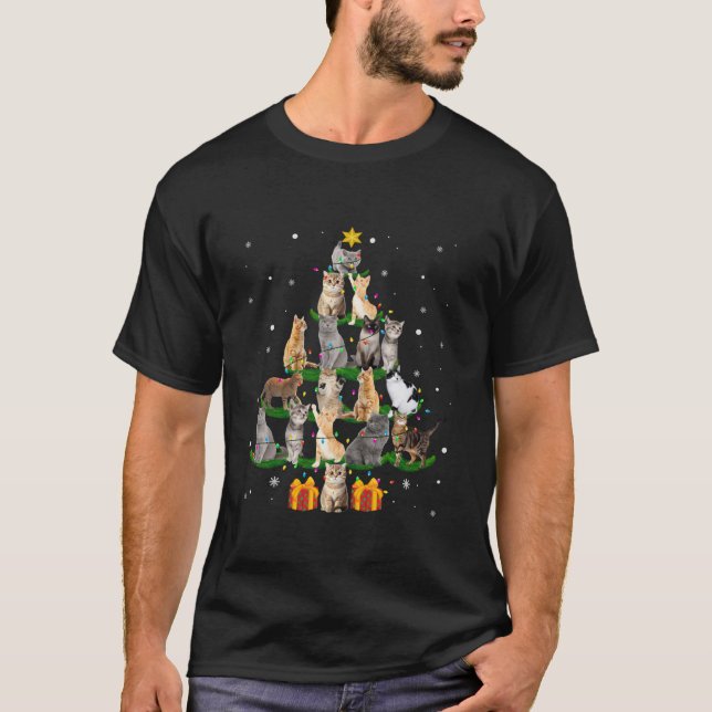 Camiseta Feliz Gato Árvore de Natal Meowy Xmas Cats Tree Li (Frente)