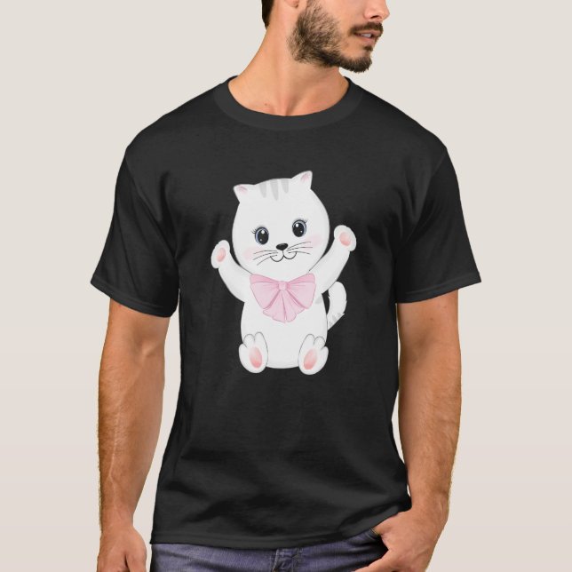 Camiseta Feliz Gato Branco Gatinho Pet Animal Pet de Rosa R (Frente)