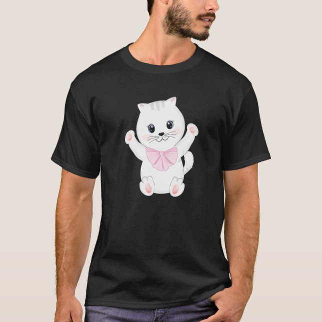 Camiseta Feliz Gato Branco Gatinho Pet Animal Pet de Rosa R (Frente)
