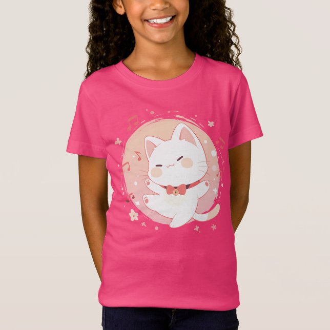 Camiseta Feliz Gato Branco Kawaii Dançando Música (Frente)