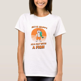 Camiseta Feliz gato com peixe. Um pescador de gatos giro. E
