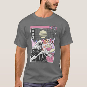 Camiseta Feliz Gato Comendo Ramen Navegando no Kanagawa Wav