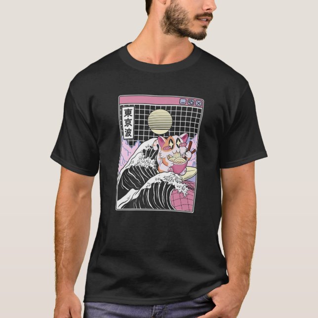 Camiseta Feliz Gato Comendo Ramen Navegando no Kanagawa Wav (Frente)