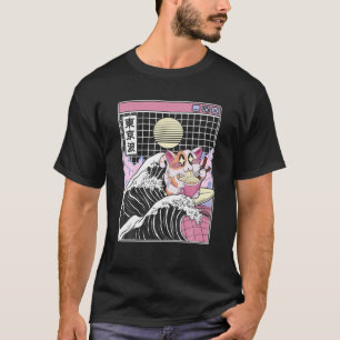 Camiseta Feliz Gato Comendo Ramen Navegando no Kanagawa Wav