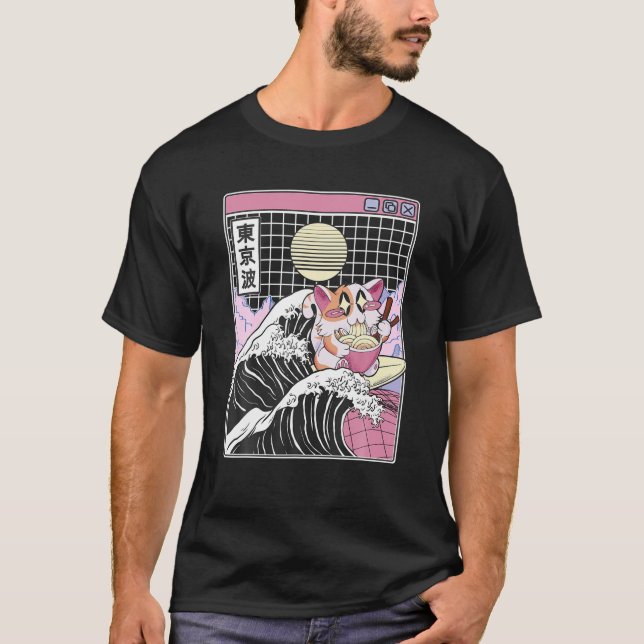 Camiseta Feliz Gato Comendo Ramen Navegando no Kanagawa Wav (Frente)